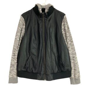 Torrid Black Faux Leather Jacket Gray Knit Sleeves Zip Up Hoodie Size 2